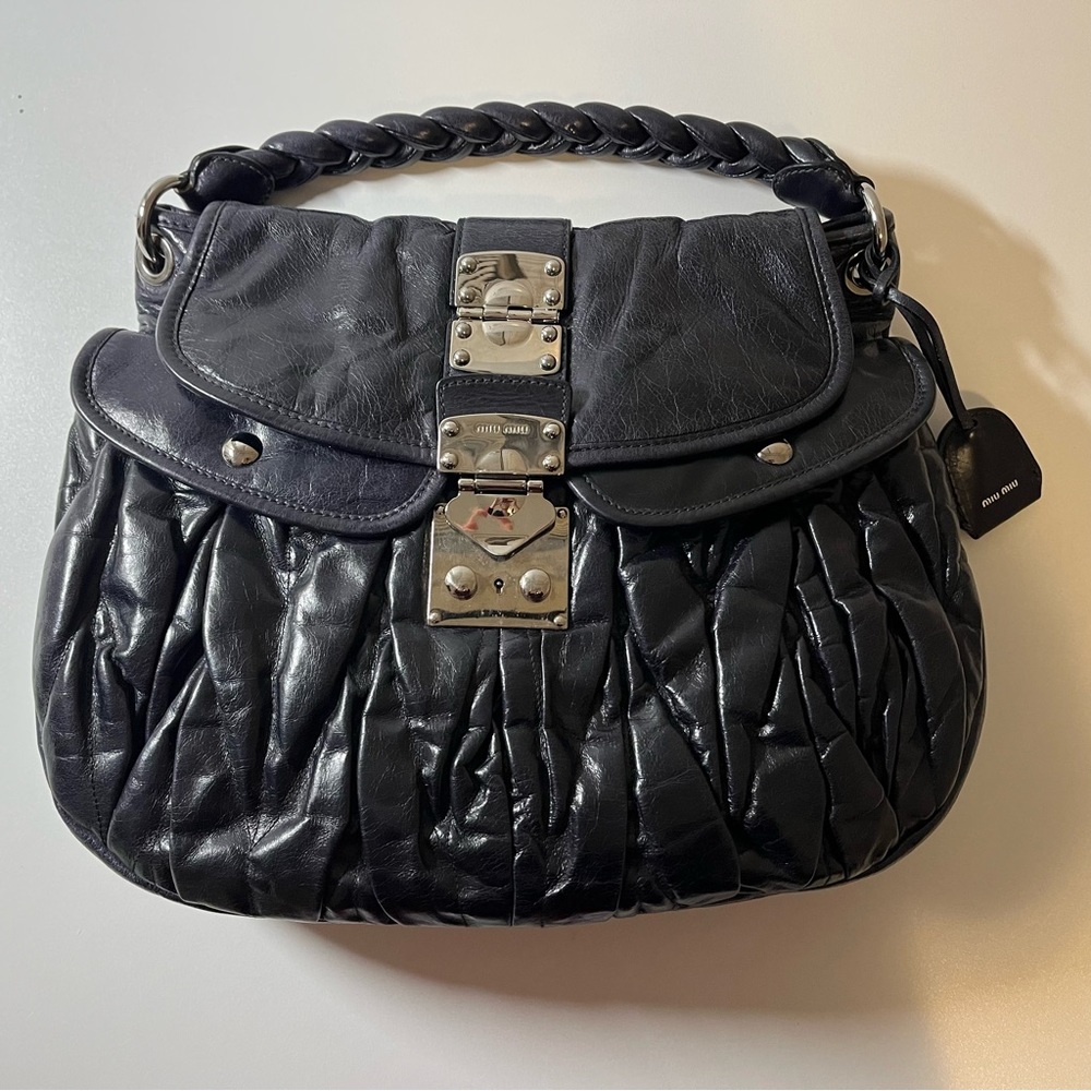 Authentic Miu Miu Navy Matelasse Leather Hobo